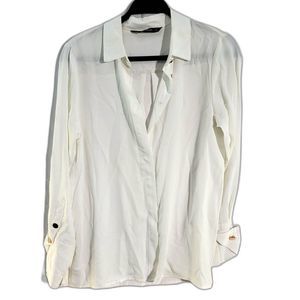 ZARA White Cotton Gold Button Poplin Shirt V Lapel Collar Button Down Women M